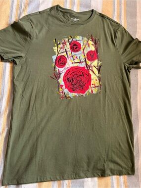 Brand New Goodfellow & Co Olive Tee with fabric painting Red Floral Art